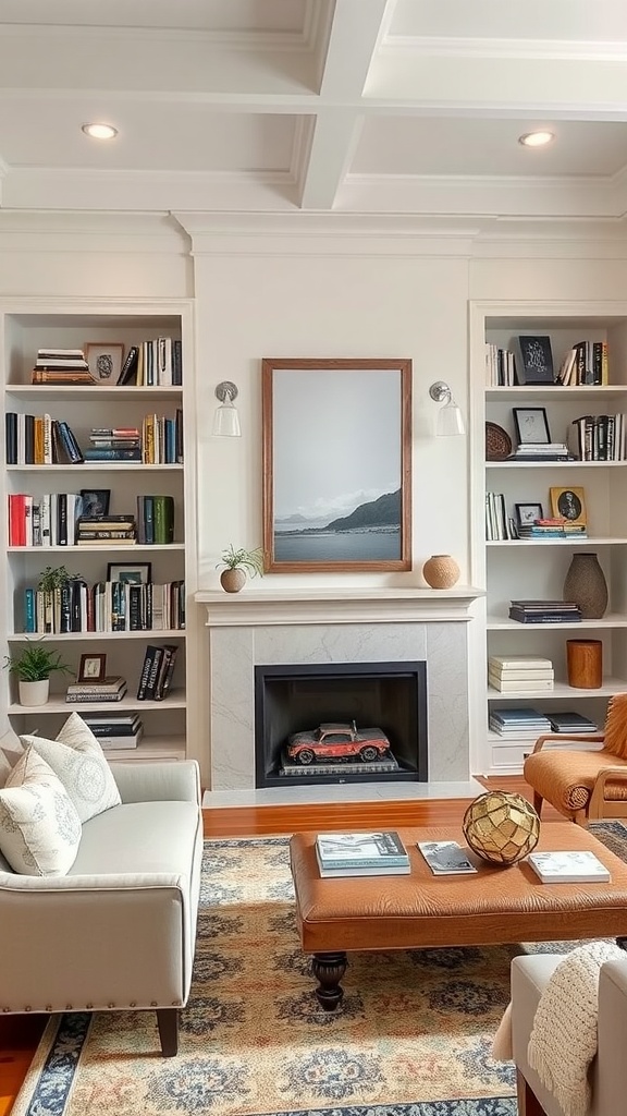 A cozy living room featuring built-in shelving around a fireplace, with books, decor, and comfortable seating.