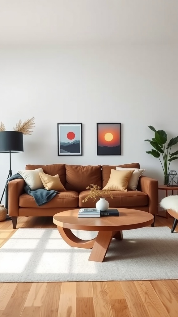 Stylish living room featuring a brown couch and a modern round coffee table