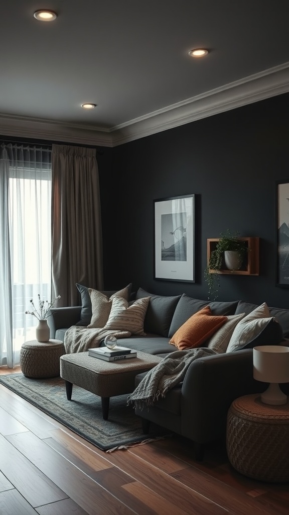 A cozy dark boho living room featuring a sectional sofa with decorative pillows, a natural wood coffee table, and warm lighting.