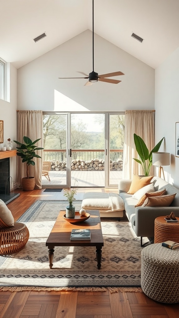 A boho modern living room featuring high ceilings, large windows, and a cozy arrangement of furniture.