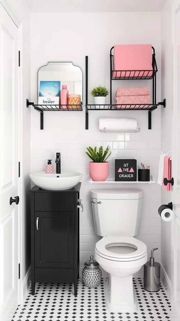 A functional pink and black bathroom with modern storage solutions.