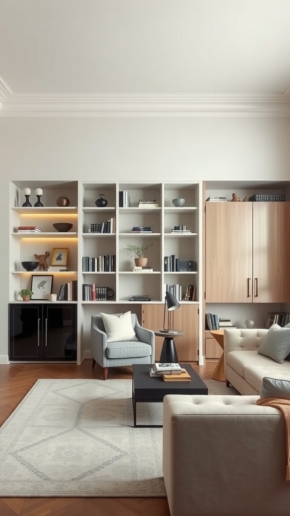 A stylish living room with modern storage solutions, featuring open shelves and elegant seating.