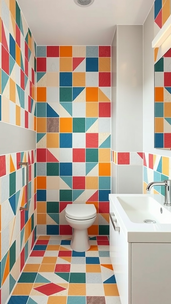 A modern bathroom featuring colorful geometric patterned tiles on walls and floor.