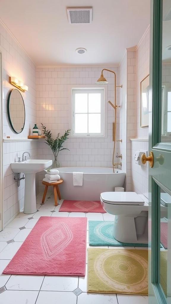 A stylish bathroom featuring pink and green geometric rugs on a tiled floor.