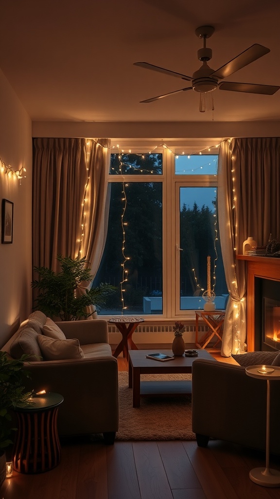 A cozy living room with soft fairy lights draped around the windows and furniture, creating a magical atmosphere.