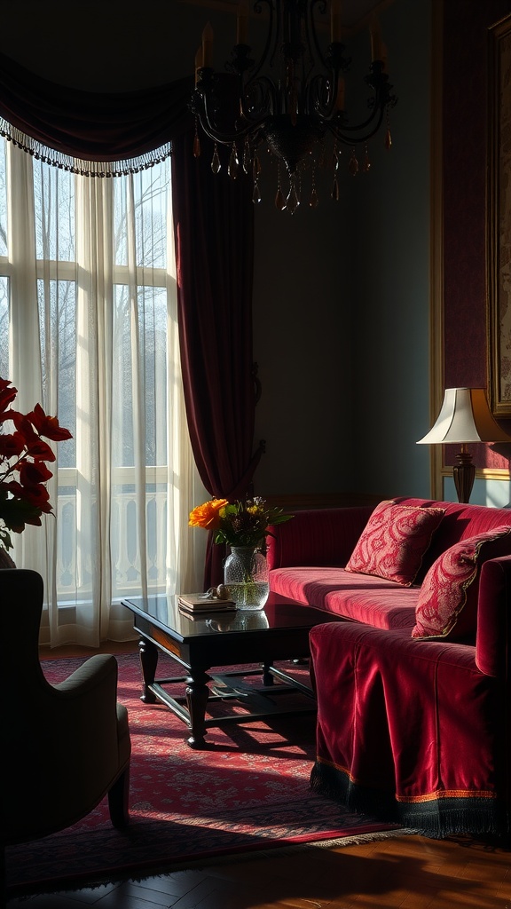 A cozy witchy living room featuring a rich red sofa, intricate pillows, and elegant drapes with soft light filtering through the window.