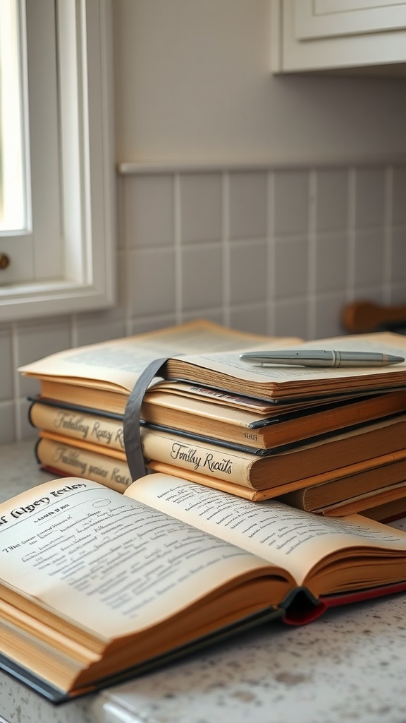 A stack of vintage cookbooks with one open, revealing a handwritten recipe.