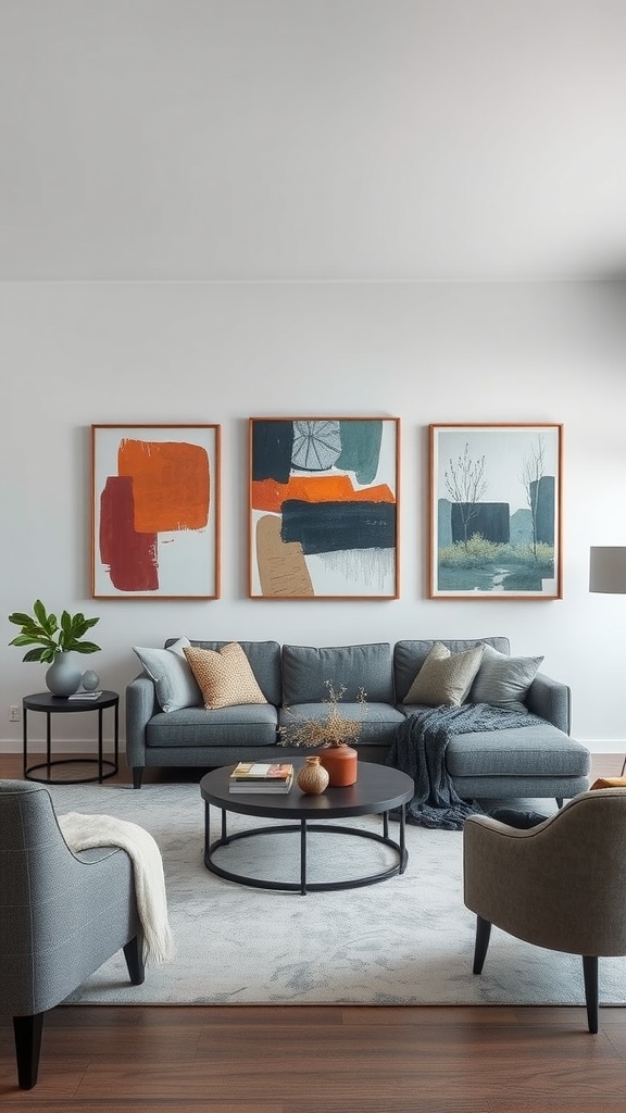 A modern living room featuring gray furniture, a round coffee table, and bold artwork on the wall.