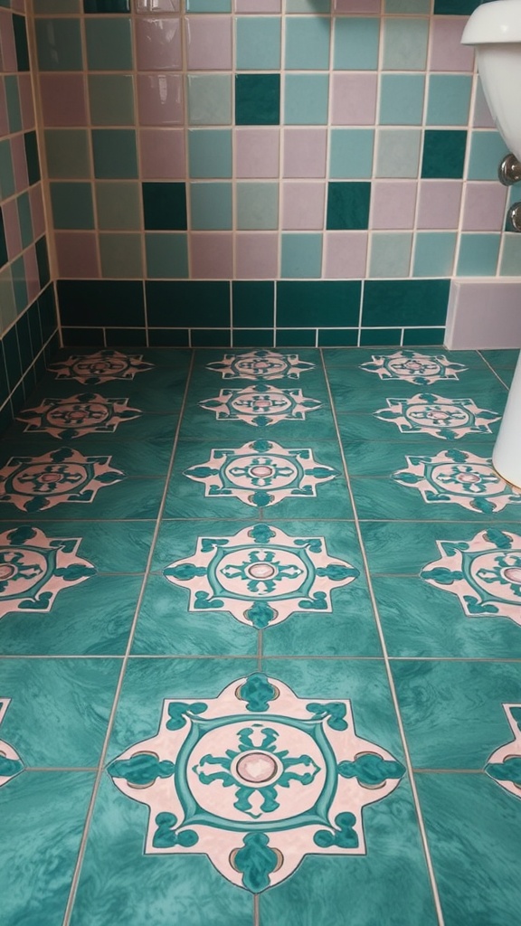 A bathroom floor with intricate green and pink tile patterns alongside a tiled wall in various shades of green and pink.