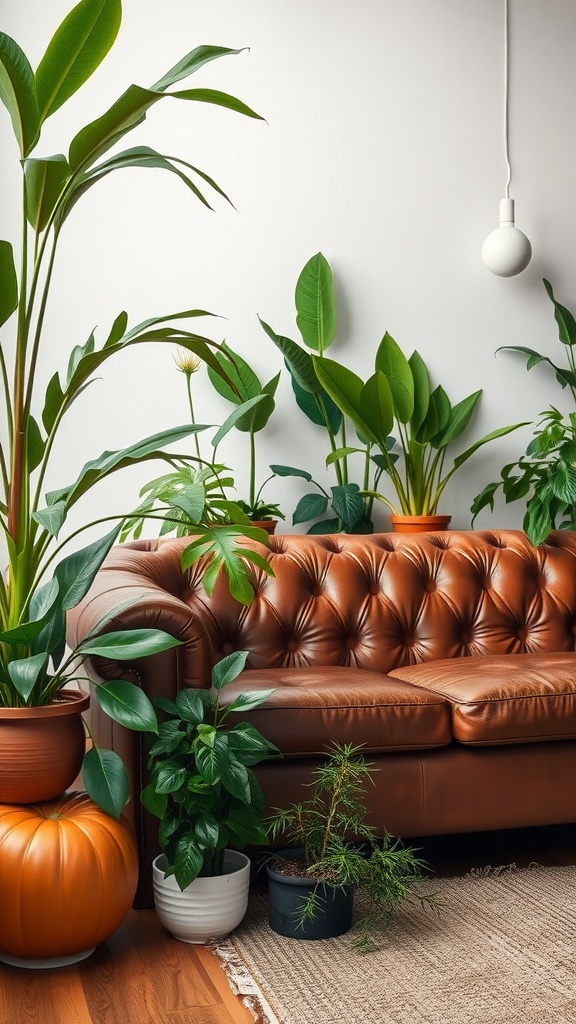 A cozy living room featuring a brown leather couch surrounded by various green plants.