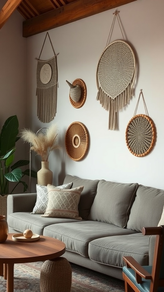 A cozy living room with macramé wall hangings, a gray sofa with decorative pillows, a wooden coffee table, and a plant.
