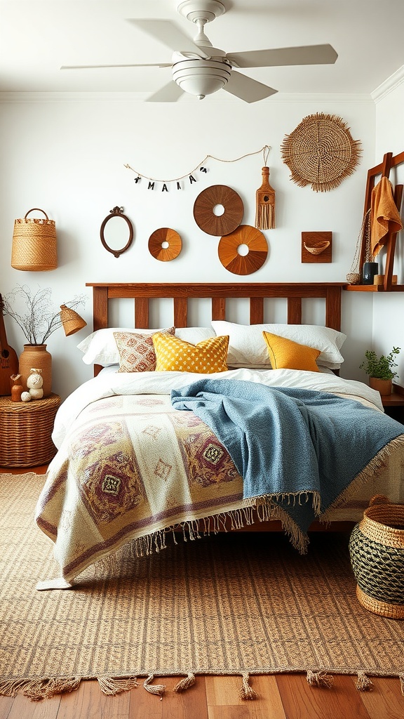A cozy boho farmhouse bedroom featuring handmade textiles and artisan decor.