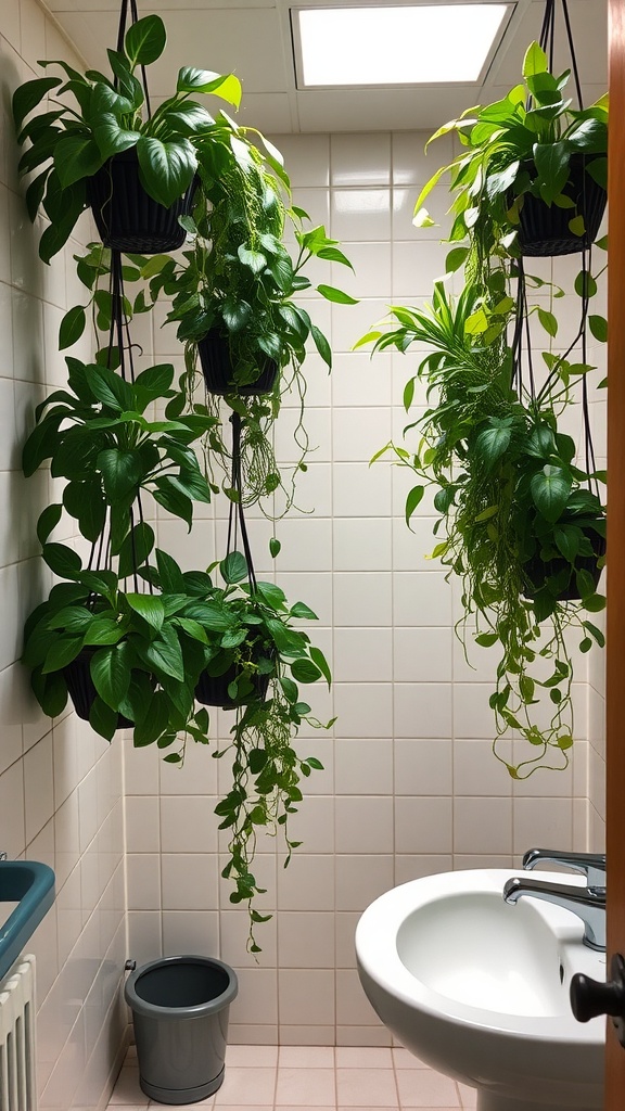 Hanging plants in a college bathroom