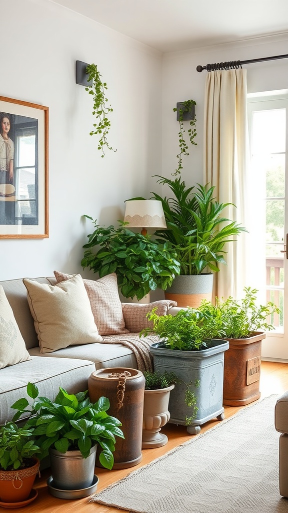 Living room with various potted herbs and plants arranged around a sofa.