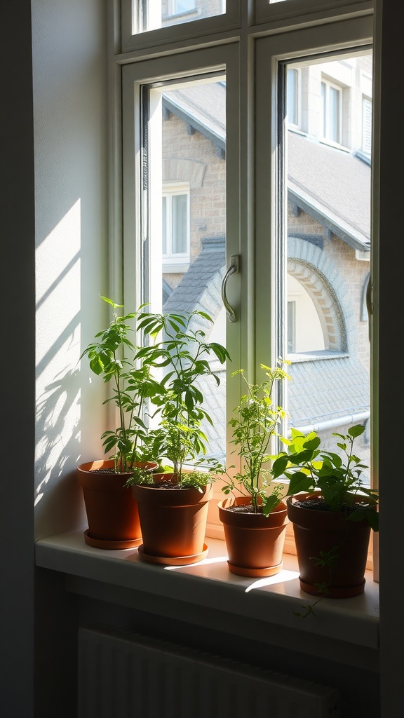 A sunny windowsill with potted herbs, including basil and parsley, creating a cozy kitchen vibe.