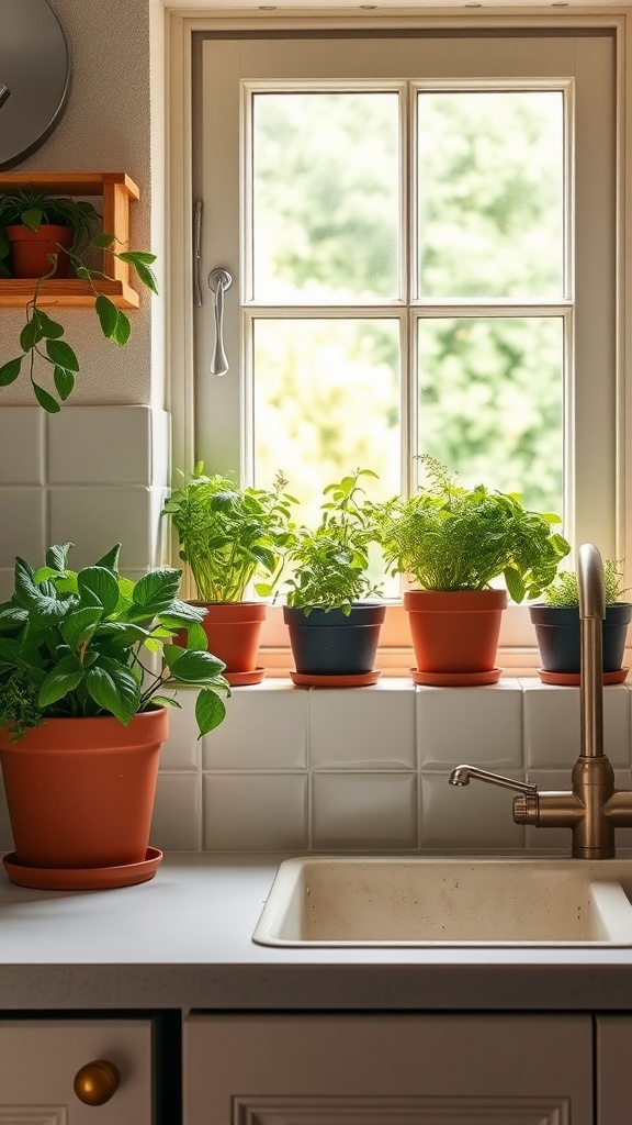 A cozy kitchen window with various potted herbs on the sill, offering a fresh and inviting atmosphere.