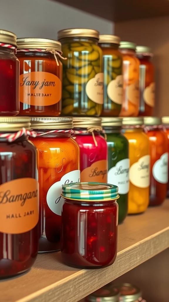 Colorful jars of homemade jams on a wooden shelf