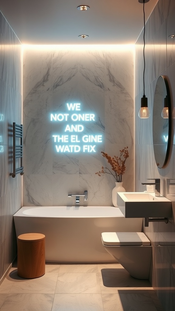 Modern bathroom featuring illuminated wall art with glowing text.