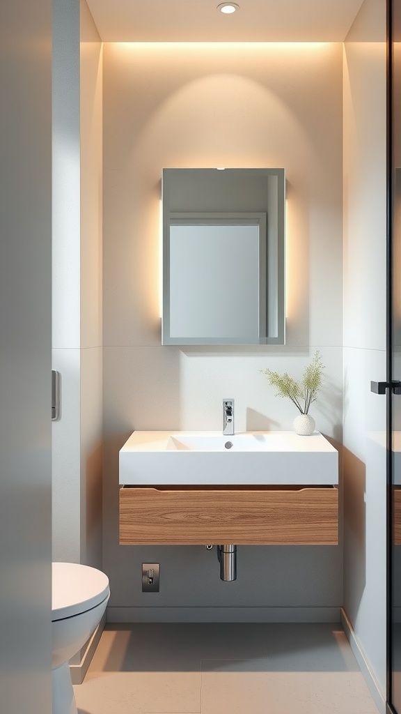 A modern floating vanity in a small bathroom with a white countertop and wooden drawers.