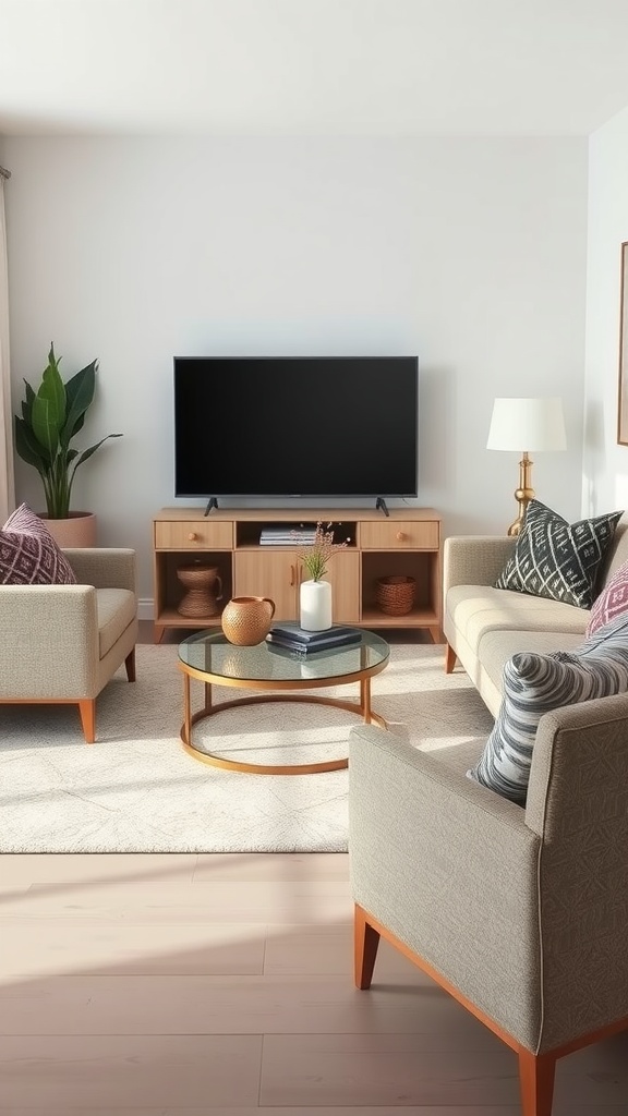 A cozy small living room with a compact round coffee table, two armchairs, and a couch, featuring a TV stand and a plant.