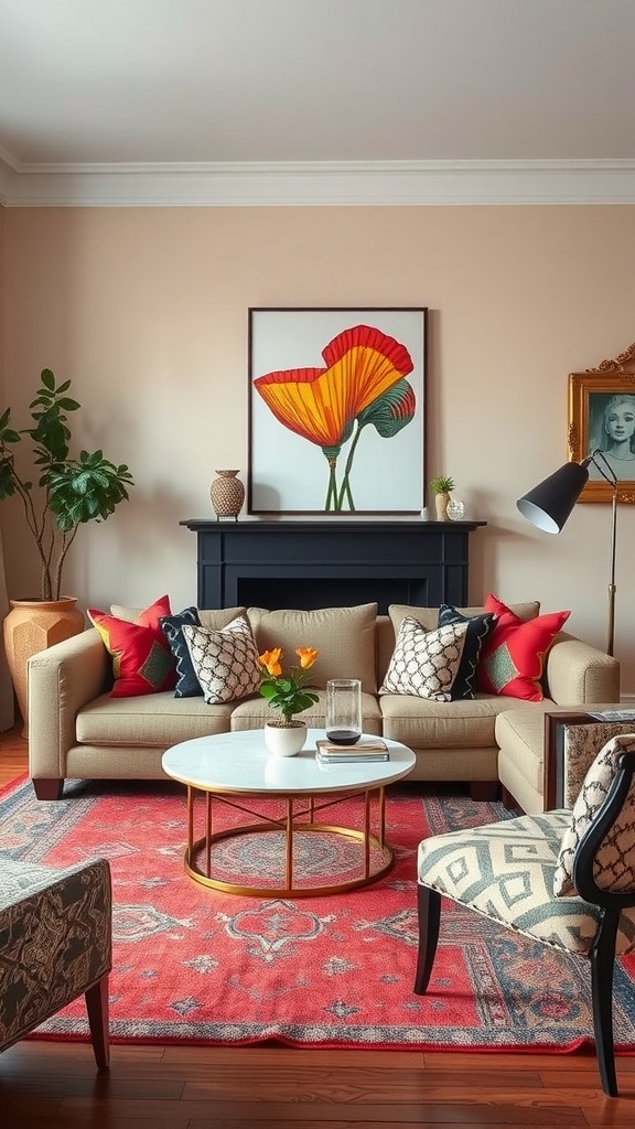 A cozy boho modern living room featuring a red area rug, a beige sofa with patterned pillows, a coffee table, and colorful wall art.