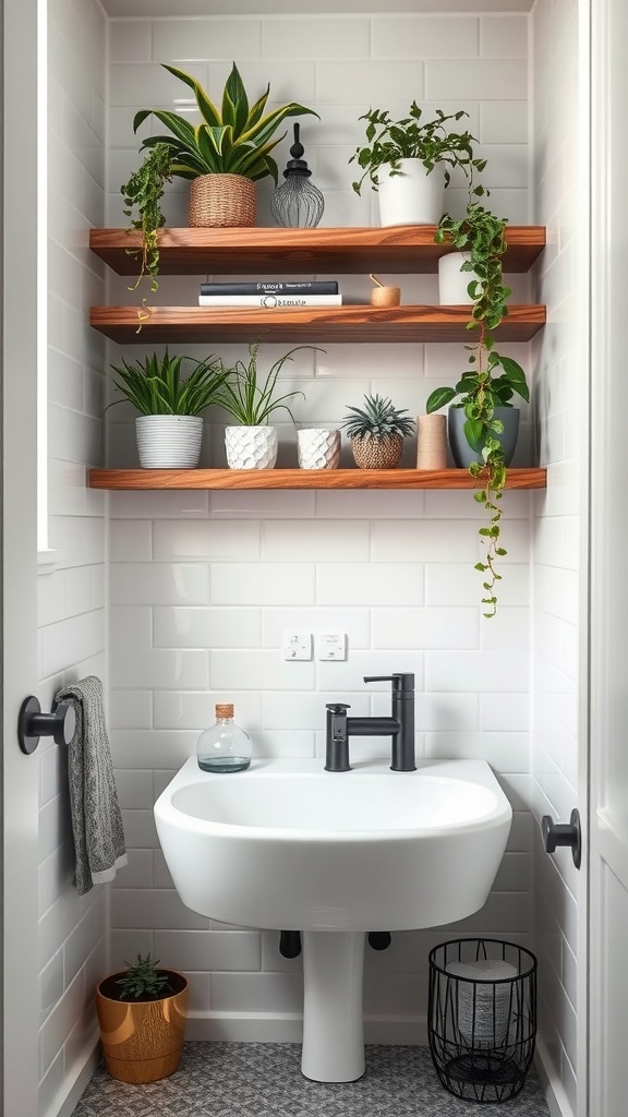 A small bathroom with a sink and floating wooden shelves holding various plants and decorative items.