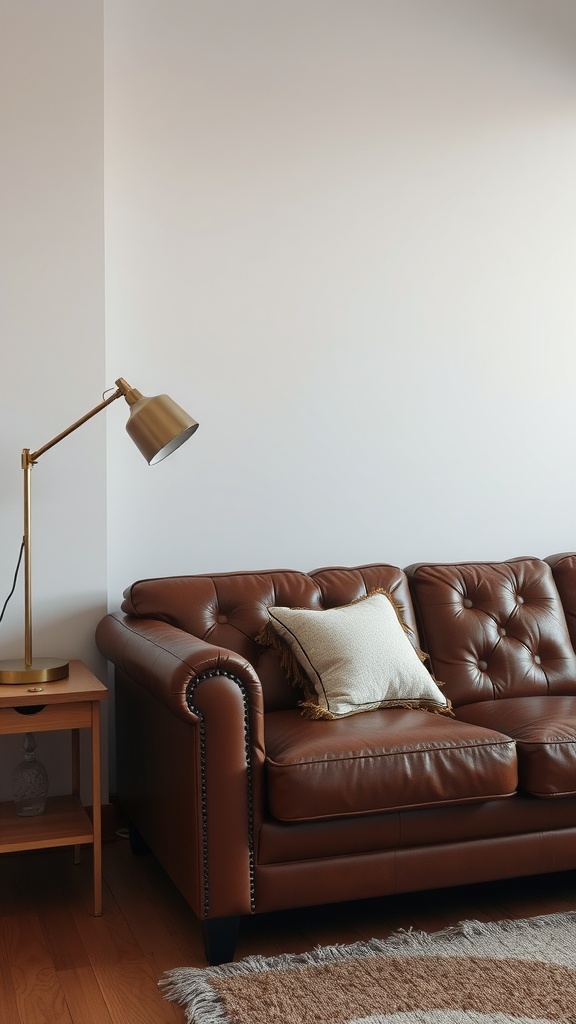 A cozy living room featuring a brown leather couch and a metallic floor lamp.