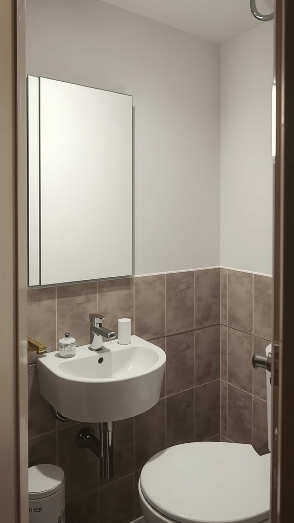 Small bathroom with a mirror above a sink, showing a simple and sleek design to reflect light.
