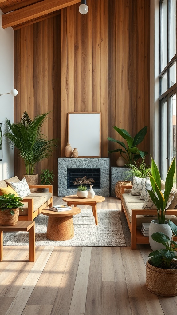 A boho modern living room featuring wooden walls, green plants, and natural furniture.
