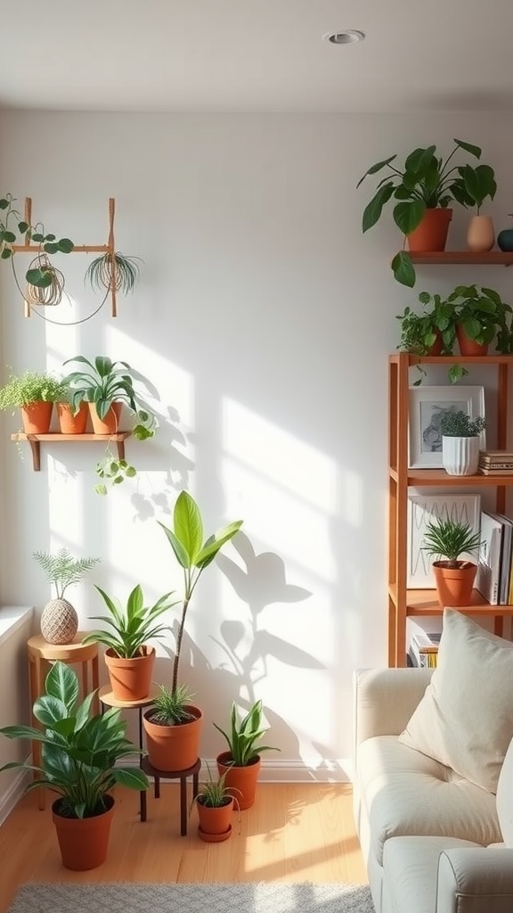 A cozy small living room with various potted plants on shelves and the floor, alongside a light-colored sofa.