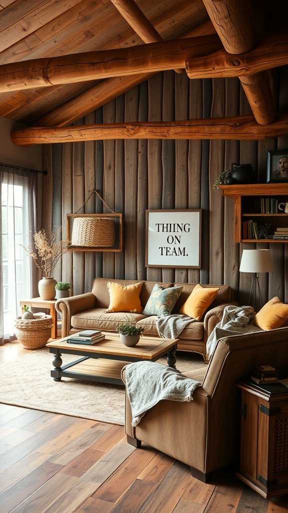 Living room with brown couch, wooden beams, and natural decor