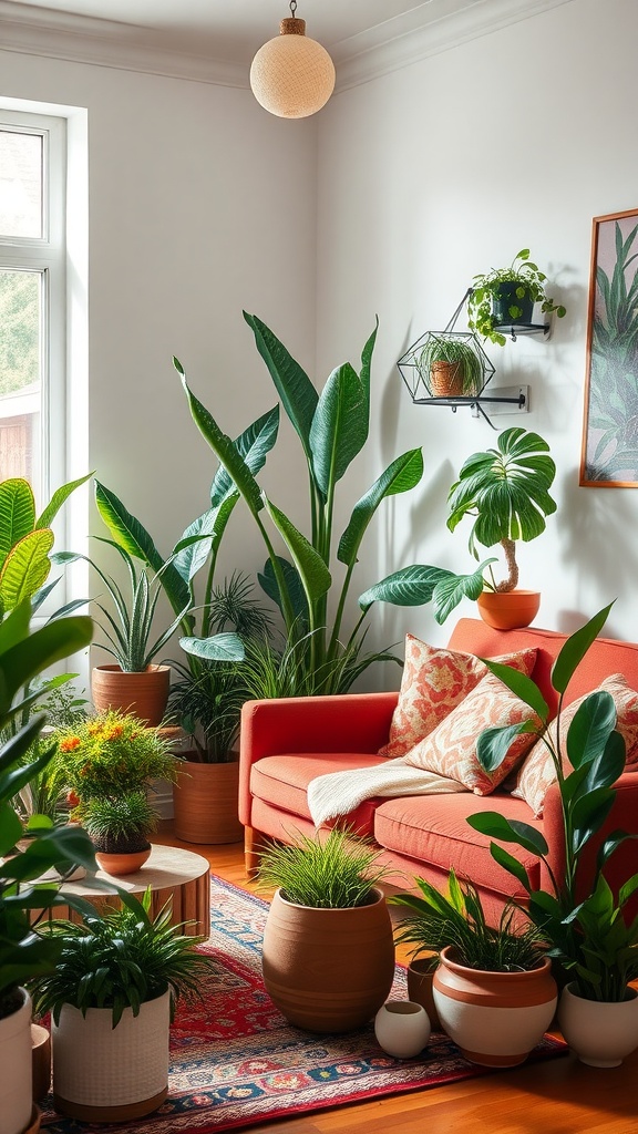 A boho modern living room filled with various indoor plants, showcasing a red couch and decorative pots.