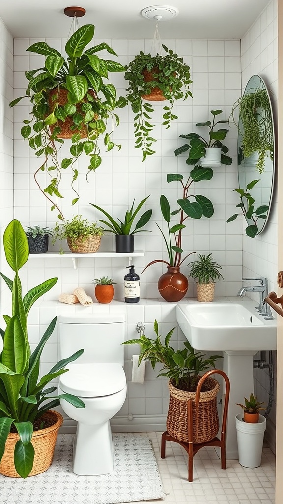 A modern bathroom with various indoor plants, including hanging and potted plants, showcasing a fresh and inviting atmosphere.