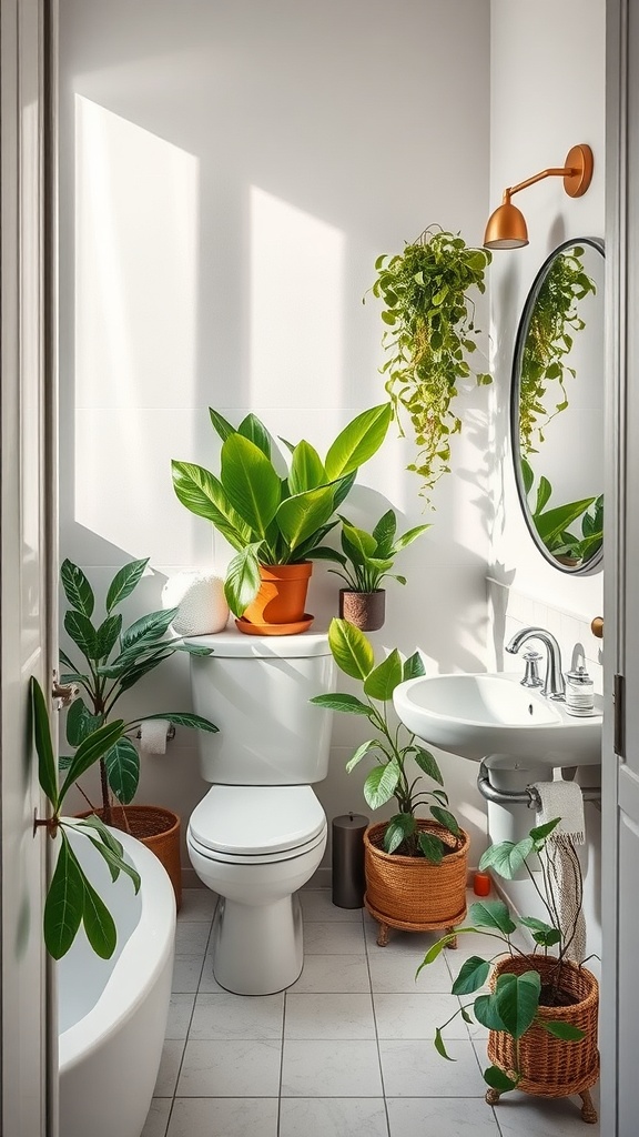 A bright bathroom filled with various indoor plants, creating a fresh and inviting atmosphere.