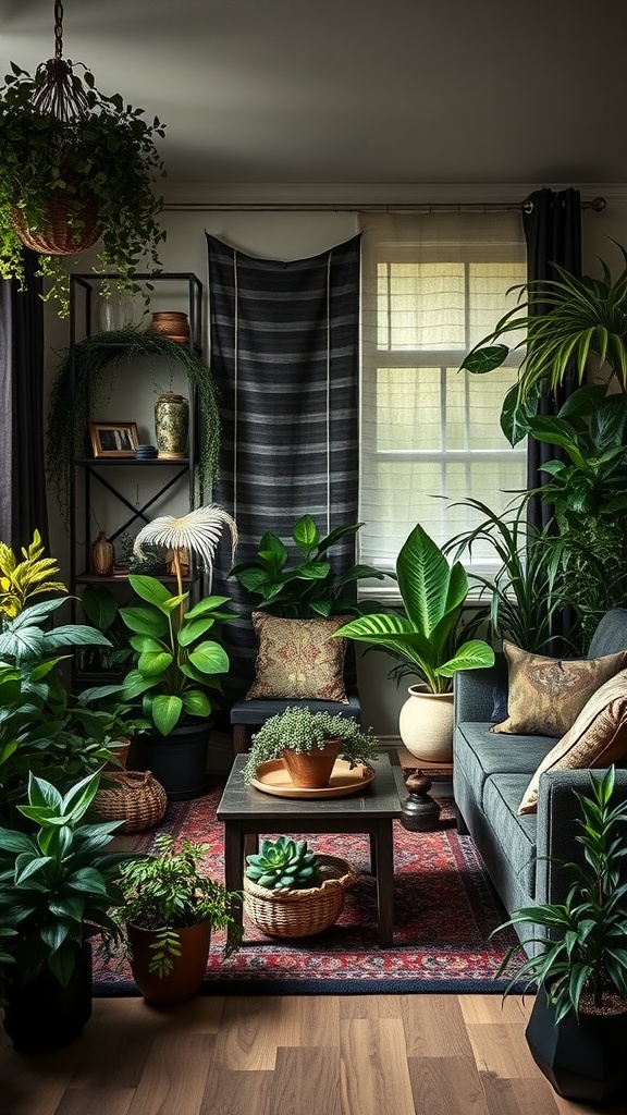 A cozy living room filled with various indoor plants, showcasing a witchy aesthetic.
