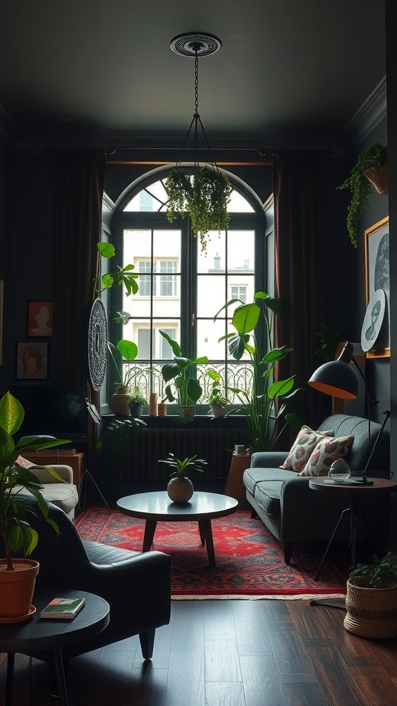 Dark boho living room with indoor plants providing a vibrant contrast against the darker decor.