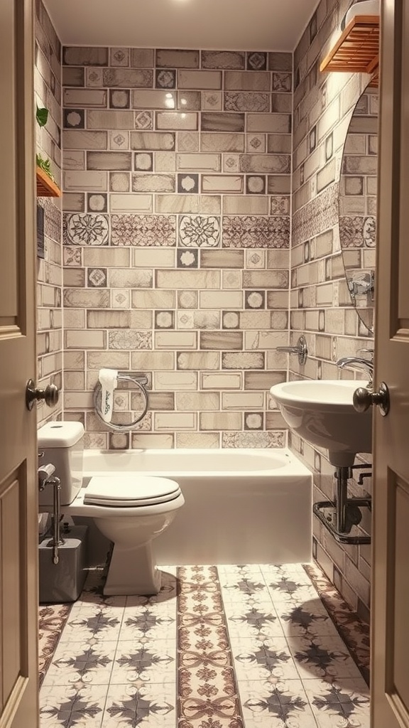 A small bathroom featuring patterned flooring with intricate designs and contrasting wall tiles.