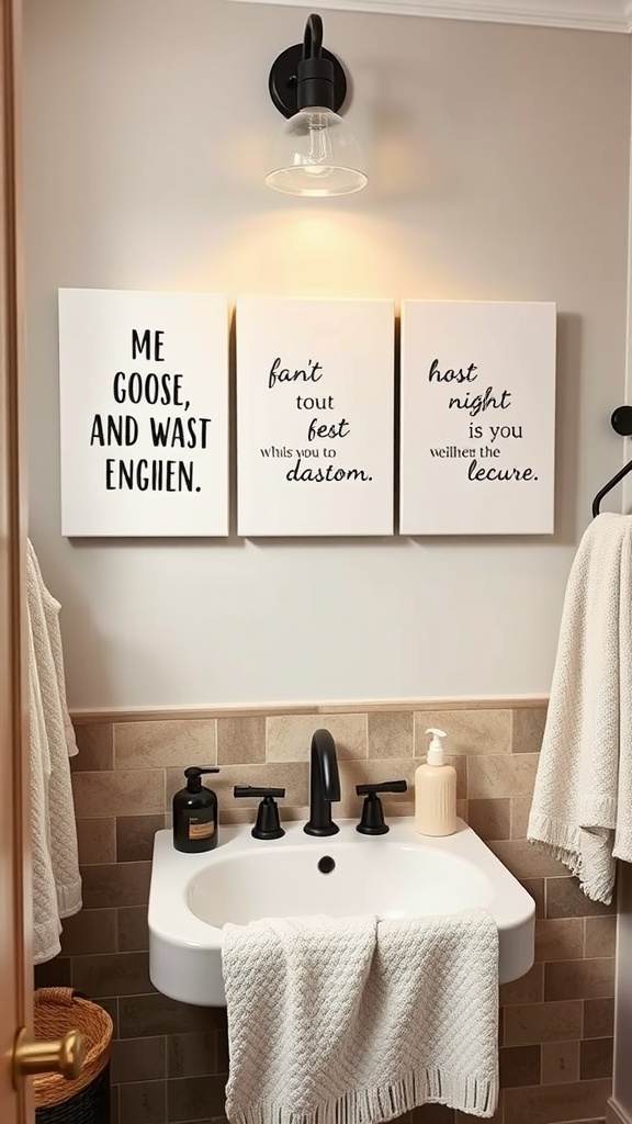 Three inspirational quote canvases in a bathroom setting with a sink and towels.