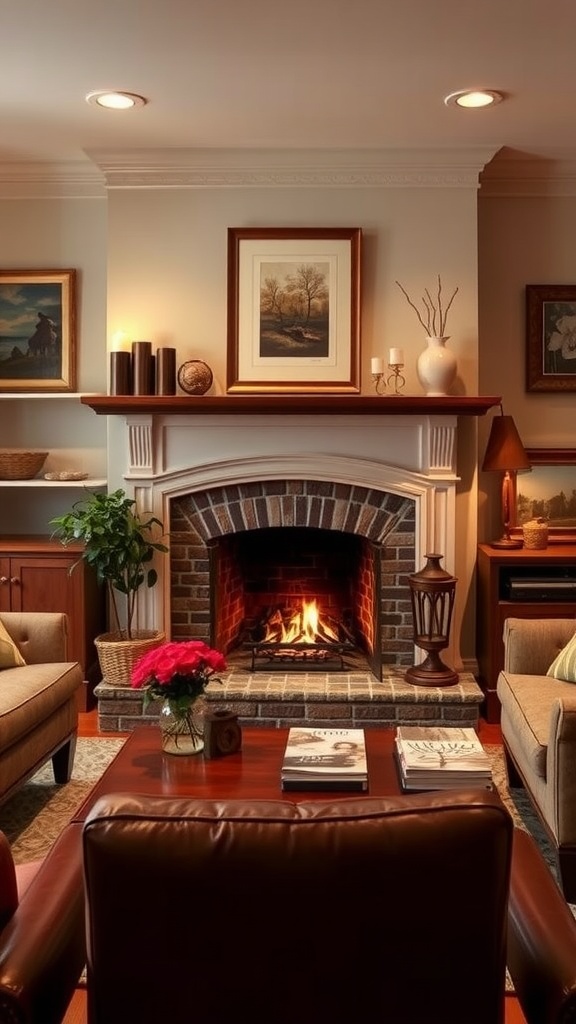 Cozy living room with a brick fireplace, comfortable seating, and decorative elements.