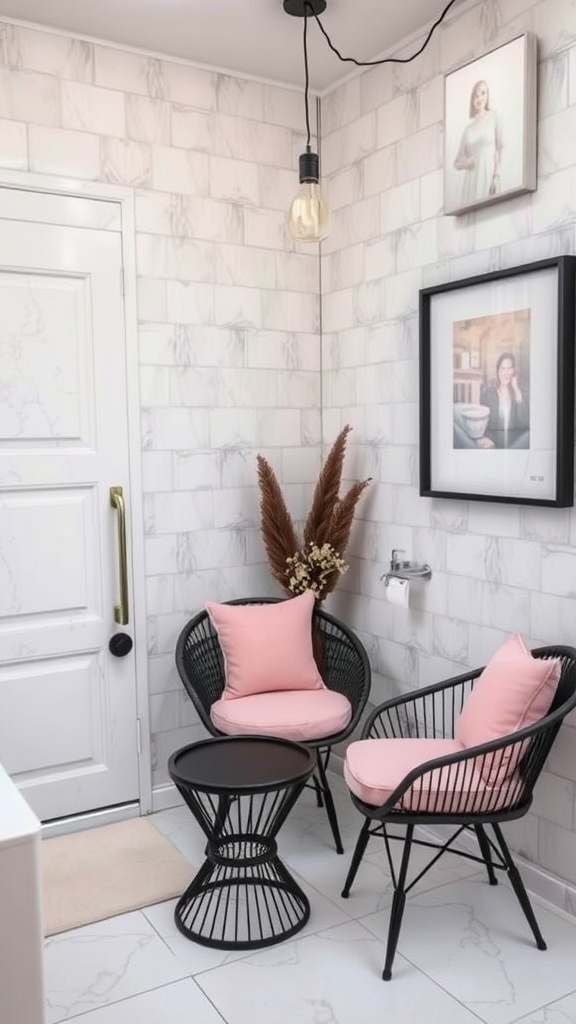 A stylish pink and black seating area in a bathroom, featuring two black wicker chairs with pink cushions and a black side table.