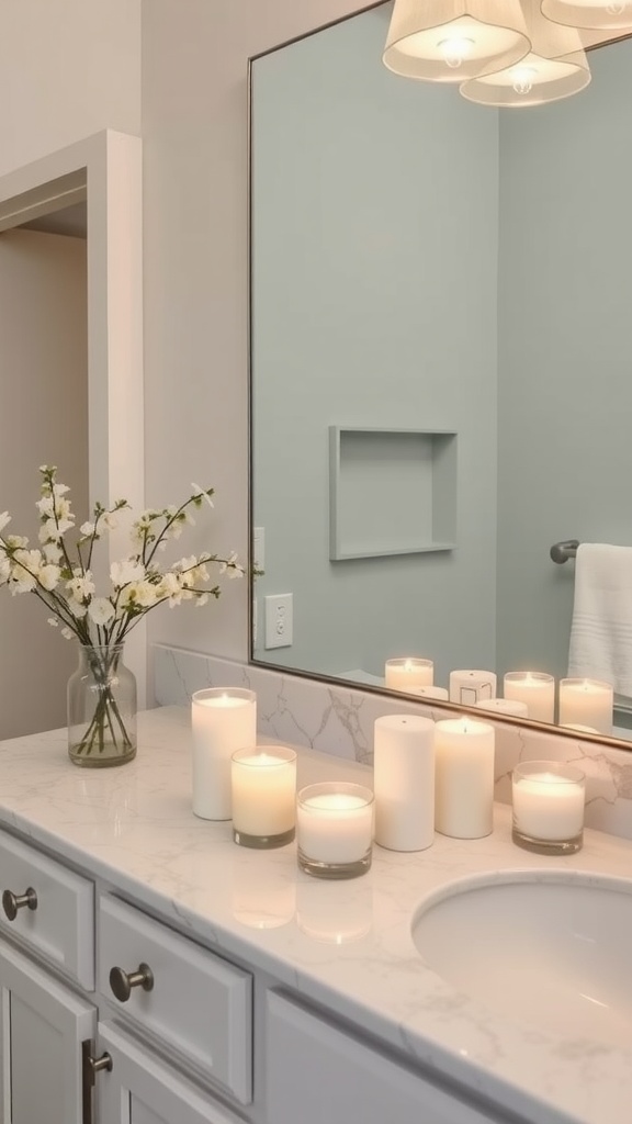 A bathroom countertop with neatly arranged white candles and a vase of flowers