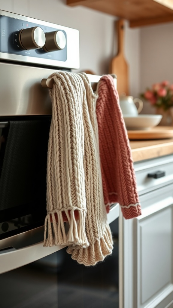 Two knitted dish towels hanging on an oven handle, one cream and one coral.