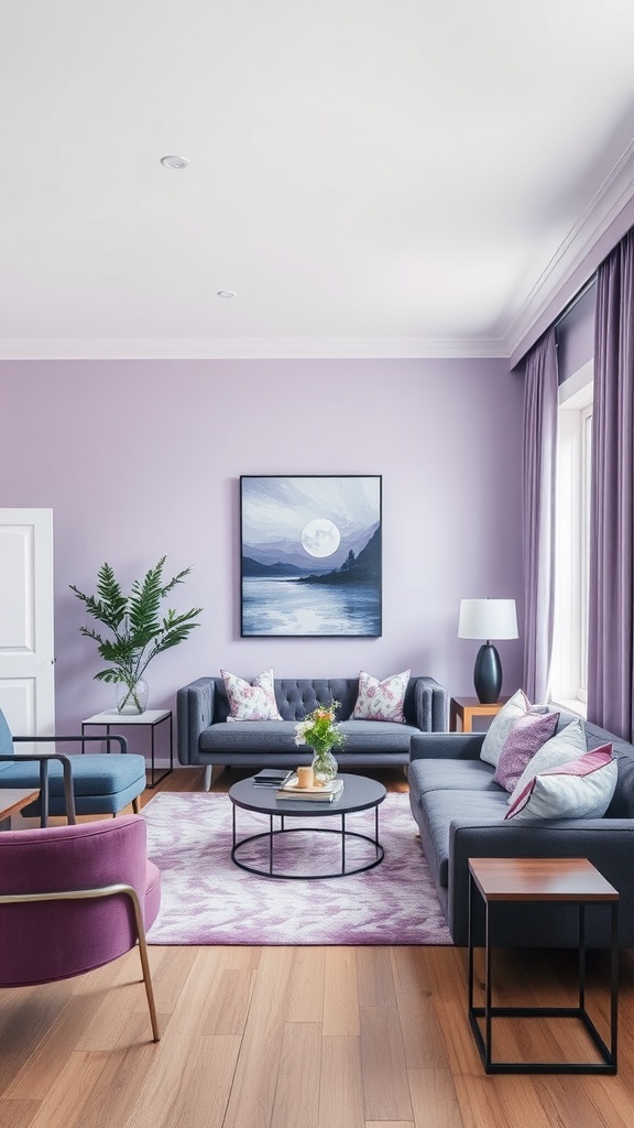 A cozy living room featuring a lavender wall, gray sofas, and colorful cushions