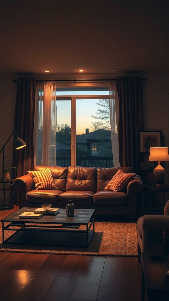 Cozy living room featuring a brown leather couch, layered lighting, and a window with curtains