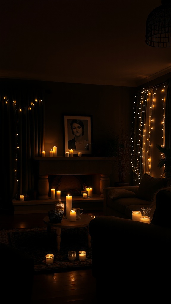A dark boho living room with layered lighting, featuring candles and fairy lights, creating a cozy atmosphere.