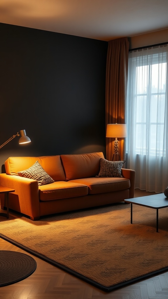 Cozy living room featuring a brown couch with layered lighting solutions, including a floor lamp and natural light from a window.
