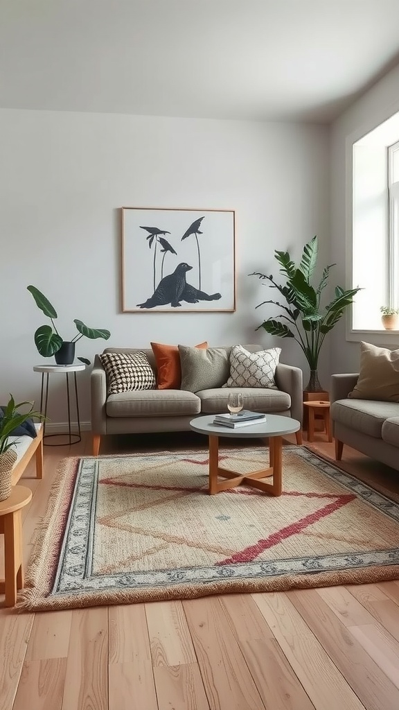 A cozy living room with layered rugs, a comfortable sofa, and plants, showcasing a stylish and inviting atmosphere.