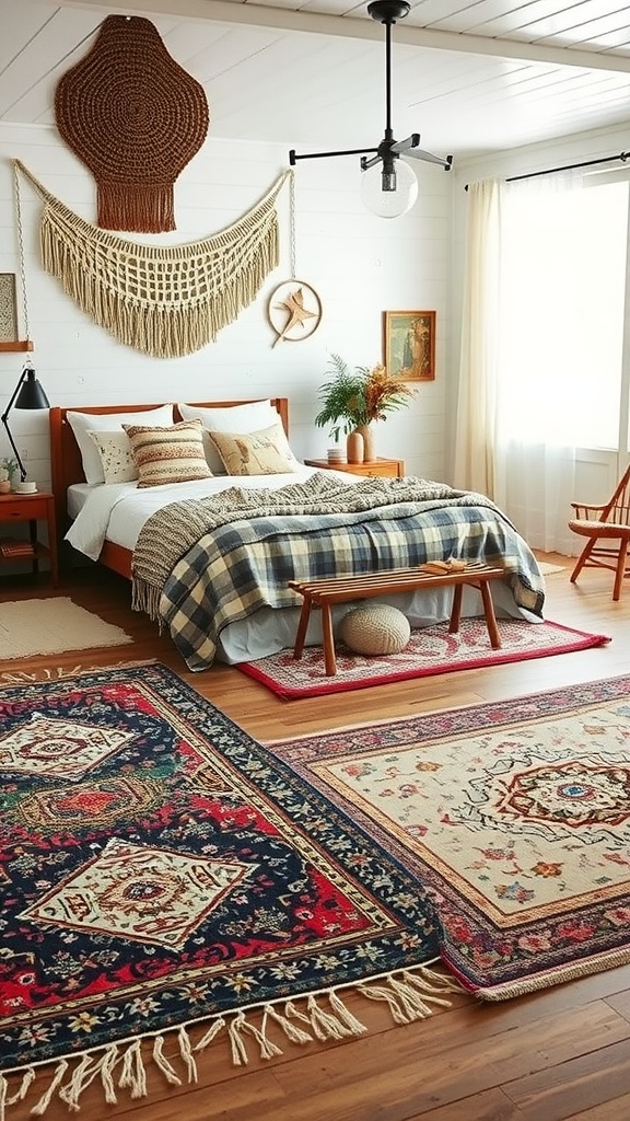 Layered rugs in a boho farmhouse bedroom with wooden flooring and a cozy bed.