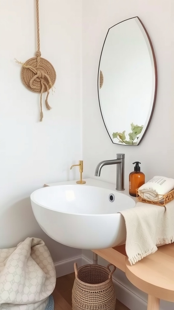A bathroom sink with layered textured fabrics including towels and a woven basket.