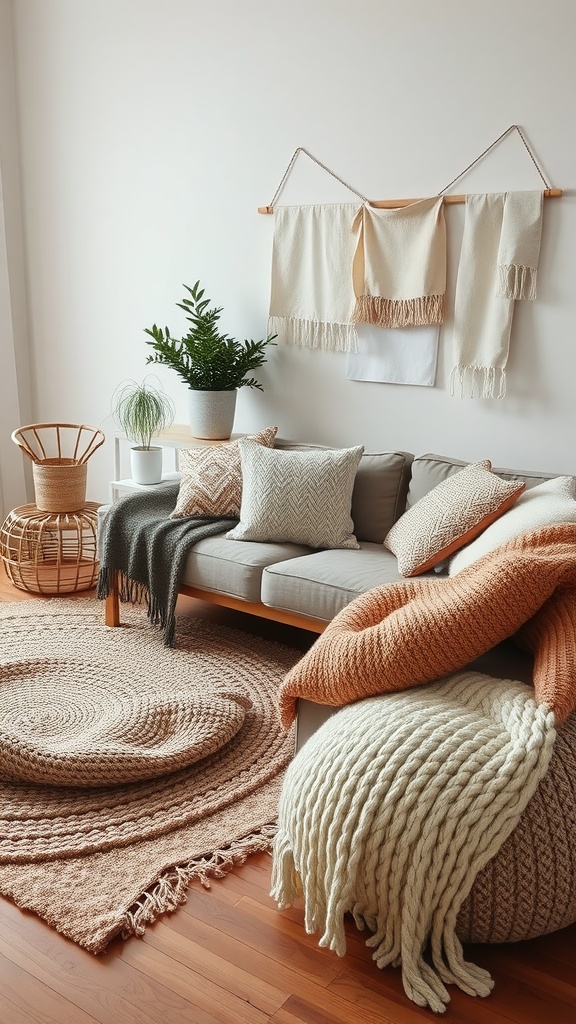 Cozy boho modern living room with layered textures, soft fabrics, and warm colors.